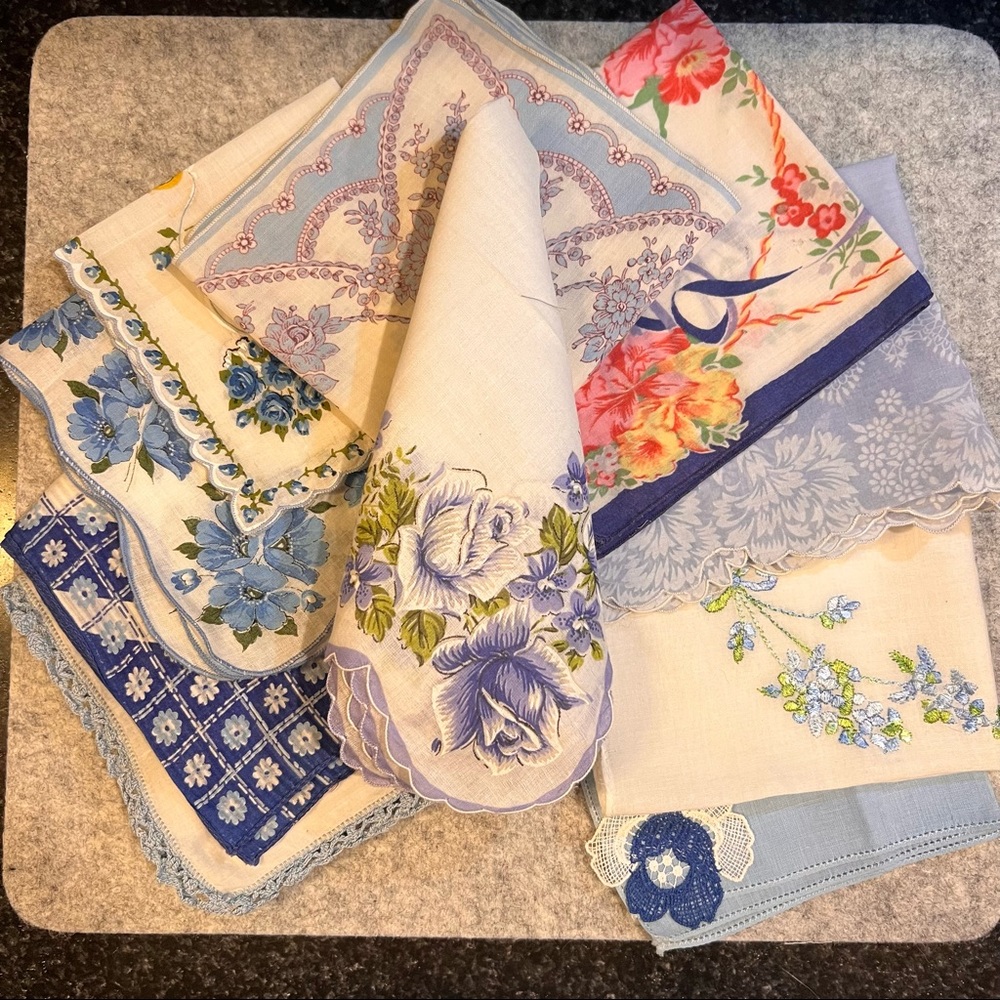 Blue collection of 10 vintage handkerchiefs